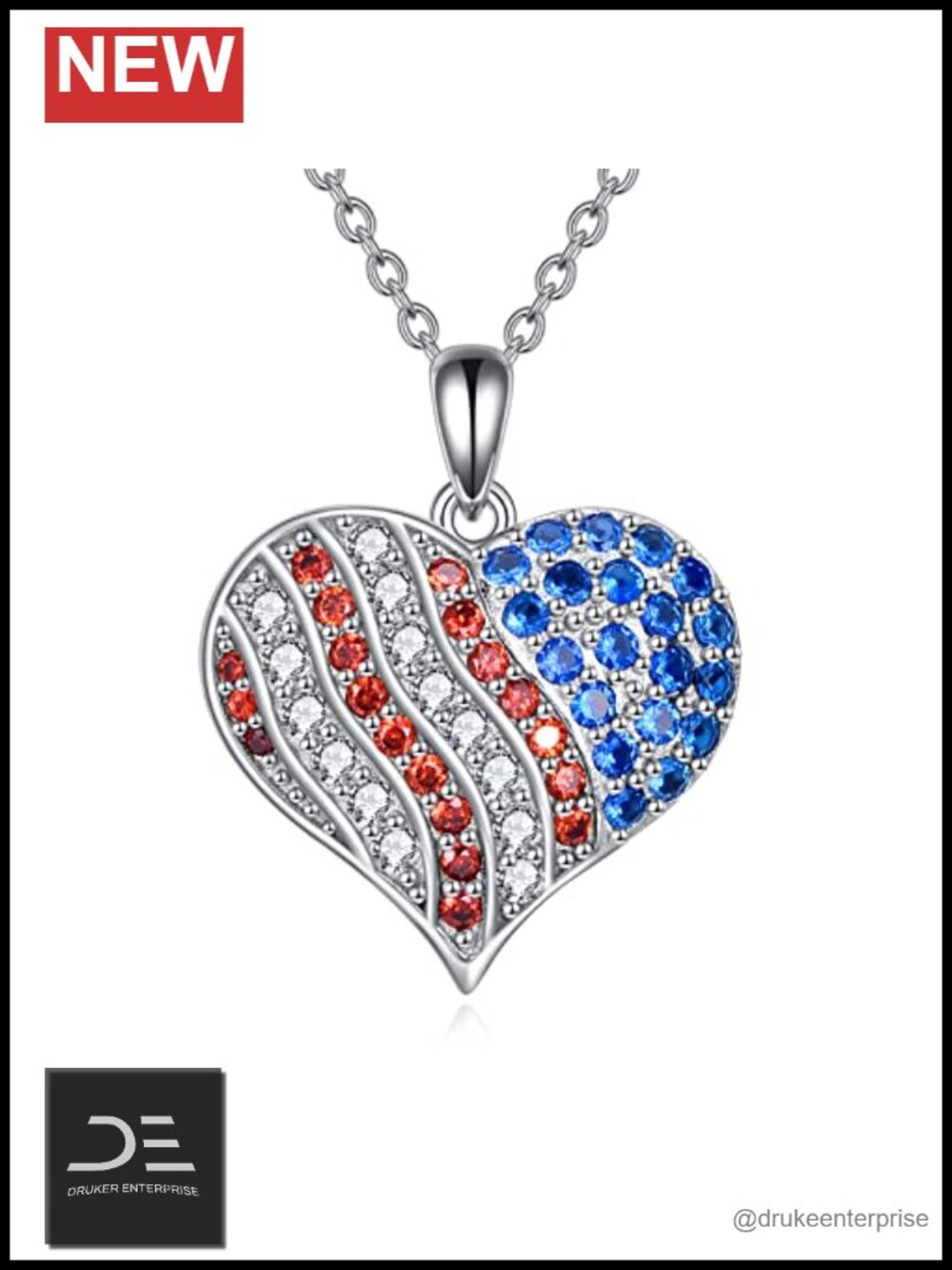 925 Sterling Silver American Flag Heart Pendant Necklace Cubic Zirconia